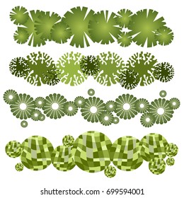 Trees top view.Different trees, plants vector set for architecture or landscape design.Landscaping symbols set isolated on white