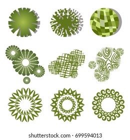 Trees top view.Different trees, plants vector set for architecture or landscape design.Landscaping symbols set isolated on white