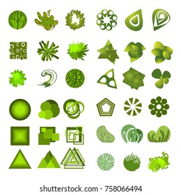 Trees top view.Different trees, plants vector set for architecture or landscape design.Landscaping symbols set isolated on white