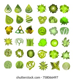Trees top view.Different trees, plants vector set for architecture or landscape design.Landscaping symbols set isolated on white