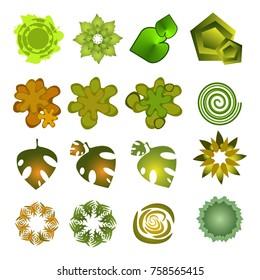 Trees top view.Different trees, plants vector set for architecture or landscape design.Landscaping symbols set isolated on white