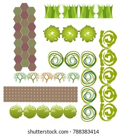 Trees top view.Different trees, plants vector set for architecture or landscape design.Landscaping symbols set isolated on white