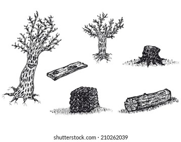 Trees, trunks and wood logs Set/ Illustration of a set of doodle hand drawn trees,trunks and wood logs set