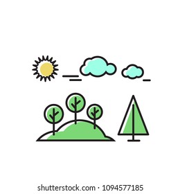 Trees under the sun, nature. Vector set of icons, illustration in the style of flat.