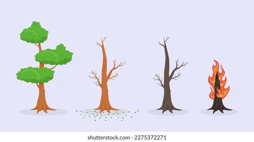 Árboles bajo el conjunto de ilustraciones vectoriales de amenaza. Árbol verde, ardiente, muerto aislado en fondo azul claro. Calentamiento del planeta, contaminación, cambio climático, concepto de medio ambiente