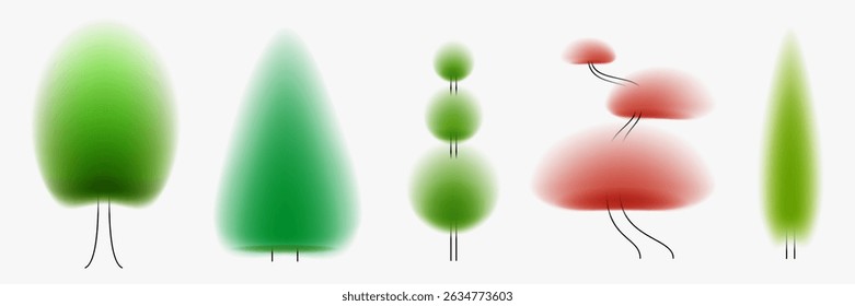 Árboles de varias Formas en estilo de arte mínimo. Composición artística creativa con degradado borroso y Elementos de línea simples. Conjunto de diseño botánico moderno brillante. 