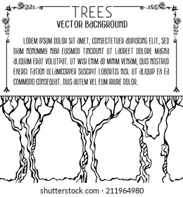 Trees vector background. Ornate trees on white background. There is place for your text on the top of the page.