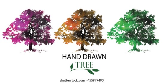 
Trees . Vector freehand drawing with paint texture. Seasons. Summer , autumn , spring . Flowering tree , fallen leaves .