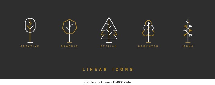 Trees, vector icon set. Collection in linear style, illustration.