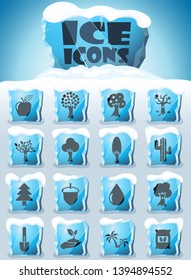 trees vector icons frozen in transparent blocks of ice