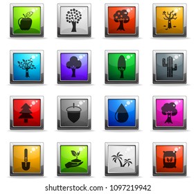 trees vector icons in square colored buttons for web and user interface design