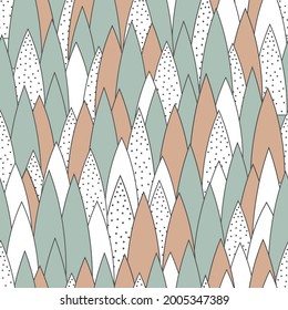 Trees. Vector illustration in Scandinavian style. Seamless pattern of whites, pale blue, pastel oranges? stylized Christmas trees. Delicate pattern for printing on textiles, paper.