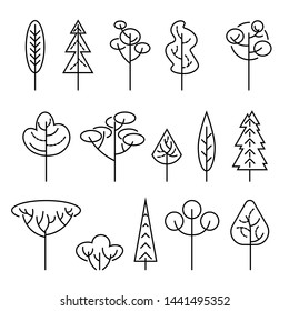 Trees vector illustration set. Design elements isolated on white background. Thin line style.