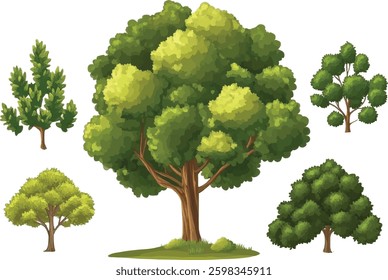 Trees Vector Illustration Set on White Background.