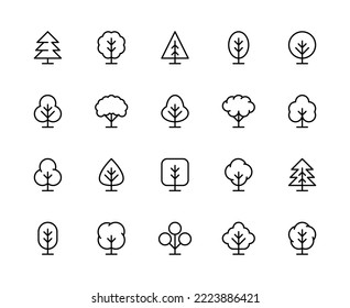 Trees vector linear icons set. Tree, wood, forest, branch,  nature, plant, landscape, ecology, leaves and more. Isolated collection of trees icon for web sites on white background.