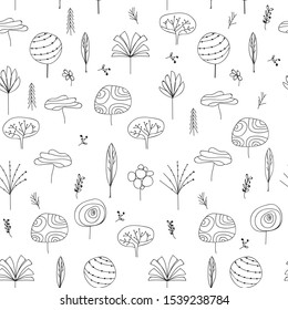 Trees vector pattern. Doodle seamless pattern with creative trees. Pattern design for textile or packaging. Adult coloring book page