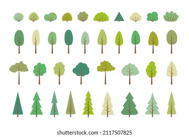 TREES. Vector set of flat trees, forest and bush. Collection elements, various green trees, bushes. Nature design flat icon of forest. Simple spring, summer illustration. Minimal cute nature icons.