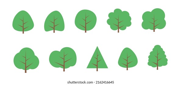 TREES. Vector set of flat trees, forest and bush. Collection elements, various green trees, bushes. Nature design flat icon of forest. Simple spring, summer illustration. Minimal cute nature icons.