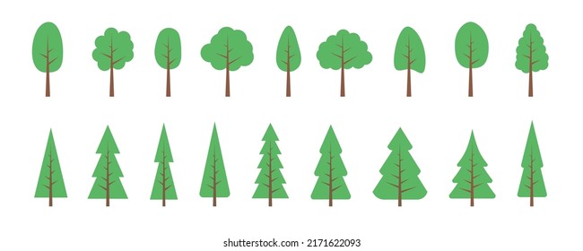 TREES. Vector set of flat trees, forest. Collection elements, various green trees. Nature design flat icon of forest. Simple spring, summer illustration. Minimal cute nature icons.