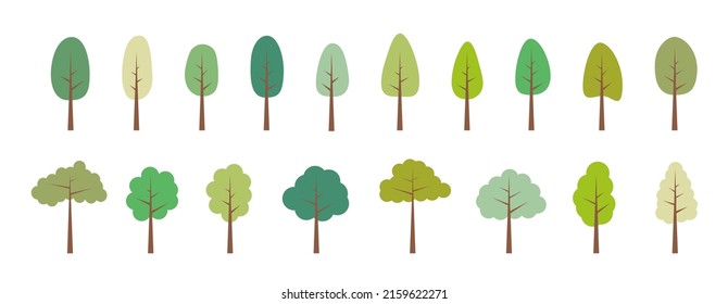 TREES. Vector set of flat summer trees. Collection elements, various green trees. Nature design flat icon of forest. Simple spring, summer illustration. Minimal cute nature icons.