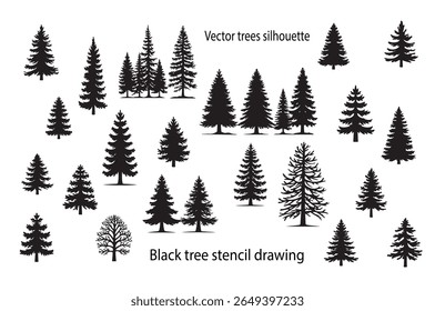 Silueta del Vector de los árboles. Dibujo de la plantilla del árbol de abeto de pino. Elemento de decoración de Navidad.