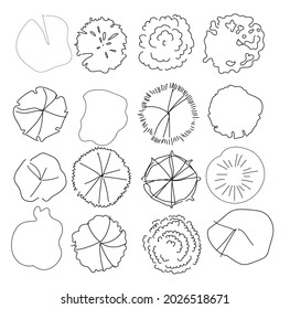 Trees view from above. An illustration for landscape design with trees of different shapes, breeds and colors. Designation of trees and shrubs of different types for the garden project. landscape desi