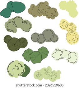 Trees view from above. An illustration for landscape design with trees of different shapes, breeds and colors. Designation of trees and shrubs of different types for the garden project. landscape desi