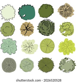 Trees view from above. An illustration for landscape design with trees of different shapes, breeds and colors. Designation of trees and shrubs of different types for the garden project. landscape desi