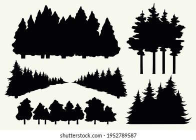 Colección vintage de árboles con siluetas de bosque negro sobre fondo blanco ilustraciones vectoriales aisladas