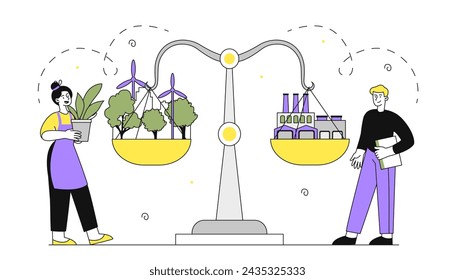 Árboles vs fábricas simples. Cuidado con la naturaleza y la ecología, el medio ambiente. Reducción de la liberación de residuos peligrosos. Molinos y árboles. Doodle ilustración vectorial plana aislada sobre fondo blanco