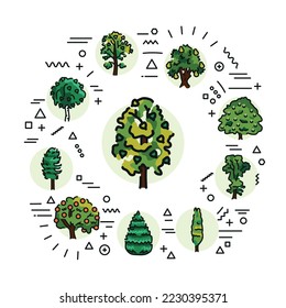 Trees web banner. Infographics with linear icons on white background. Creative idea concept.