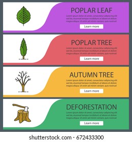 Trees web banner templates set. Stump with axe, poplar, tree and leaf. Website color menu items. Vector headers design concepts