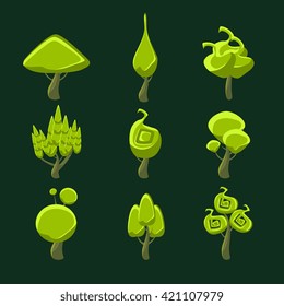 Trees With Weird Shape Crown Set Of Flat Bright Color Cool Fantastic Design Vector Icons Isolated On Dark Background