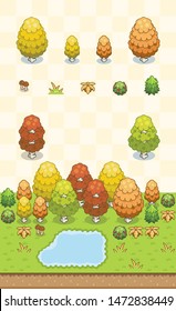 Trees (which are supposed to be birch tree) bushes, and grass set for autumn birch forest scene on oblique projection. Images are designed to align into square grid for easy game tile-mapping.