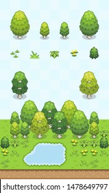 Trees (which are supposed to be birch tree) bushes, and grass set for spring birch forest scene on oblique projection. Images are designed to align into square grid for easy game tile-mapping.