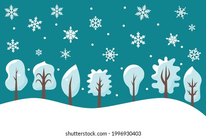 Trees white snow isolated on dark blue background. Merry Christmas. Snowdrifts and flying snowflakes. Greeting card. Vector flat. Illustration for advertising. Banner, poster. Christmas story