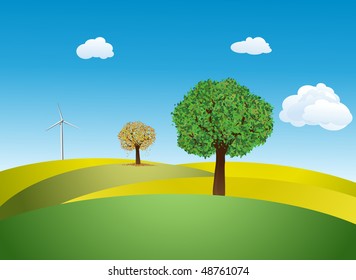 Trees and Wind turbine on a meadow against a blue sky