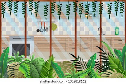 trees at windows of kitchen room
