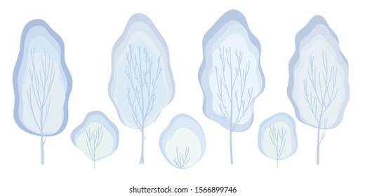 Trees winter silhouettes, seasonal elements set white isolated