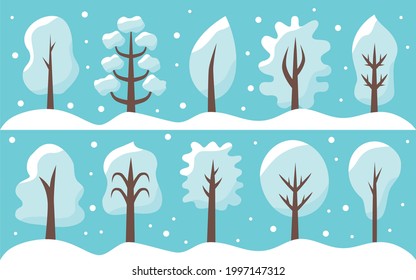 Trees winter white with snow on a blue isolated background with snowdrifts and snow flakes set. Designer winter new year christmas objects elements for decor. For textiles. Fairy trees. Scrapbooking.