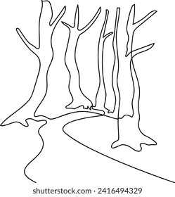 Trees without foliage near a path in a garden or park. A place to relax in nature. Continuous line drawing. Vector illustration.