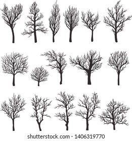 Trees without leaves black graphic silhouette. Dead and old plants, landscape element. Vector line art dead trees illustration isolated on white background