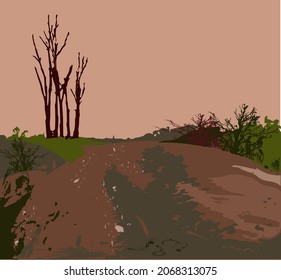 Trees without leaves on the background of a gloomy sky.
The road is muddy, with puddles, bushes
