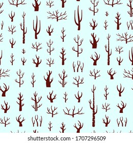 Trees without leaves on blue background. Seamless texture with trees trunks. Hand-drawn skeletons of trees. Vector pattern.