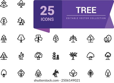 Trees and wood icon collection. Pixel perfect, minimalistic web and UI icon. Outline icon collections. Editable vector illustration.