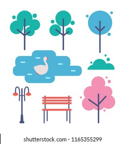 Trees and wooden bench isolated icons set vector. Lake with swan bird floating on water surface. Lantern for illumination at night. Park and nature
