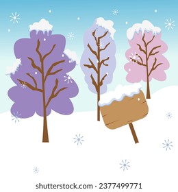 Trees and wooden sign covered by snow in the winter seasonal with the snow flake falling down. flat vector illustration in wintertime.