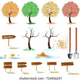 Trees, wooden signs, a shovel, a pitchfork, a pile of leaves, garden, vector set of images