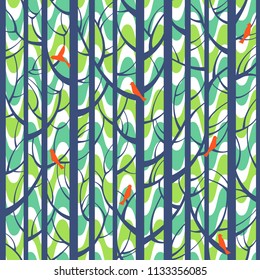 Trees woods seamless stripes pattern. Forest trees with birds, branches and leaves 