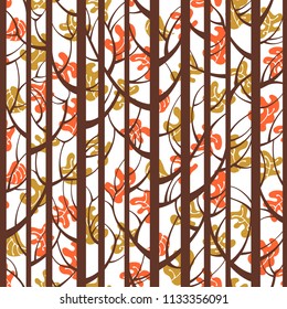 Trees woods seamless stripes pattern. Forest trees with birds, branches and leaves 